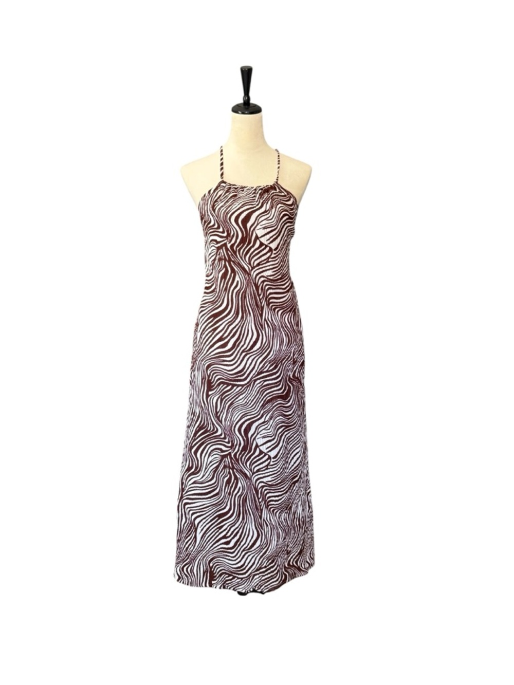 Faithfull the Brand Brown and White Zebra-Print Backless Linen Blend Maxi Dress. - Picture 3 of 16